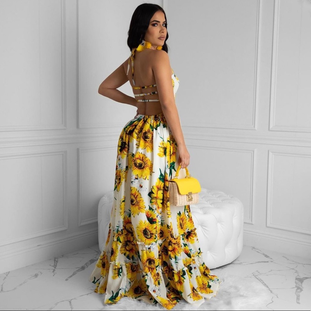 Sunflower Open Back Maxi Dress Sleeveless Sundress - Picture 2 of 8